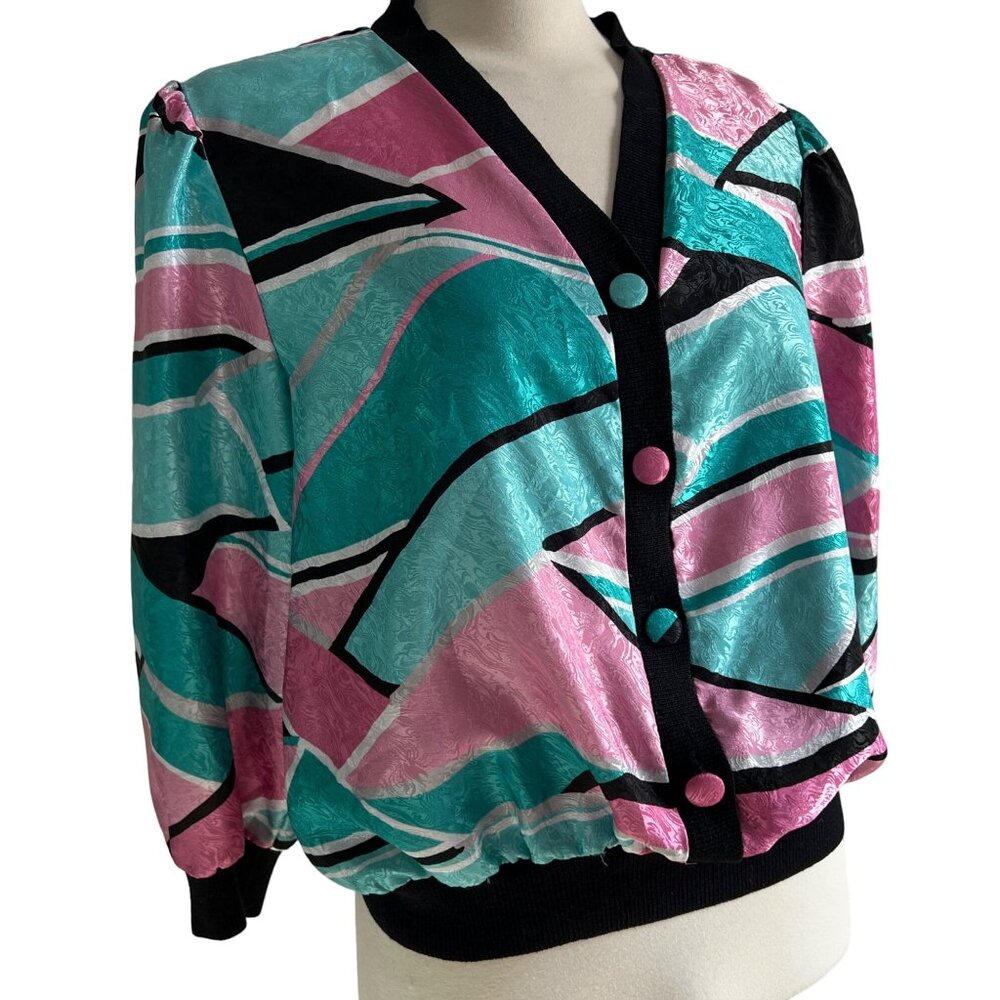 Vintage Anastasia Silky Bright VNeck Blouse Sz Medium Petite Colorful Pink & Bla - Picture 3 of 14